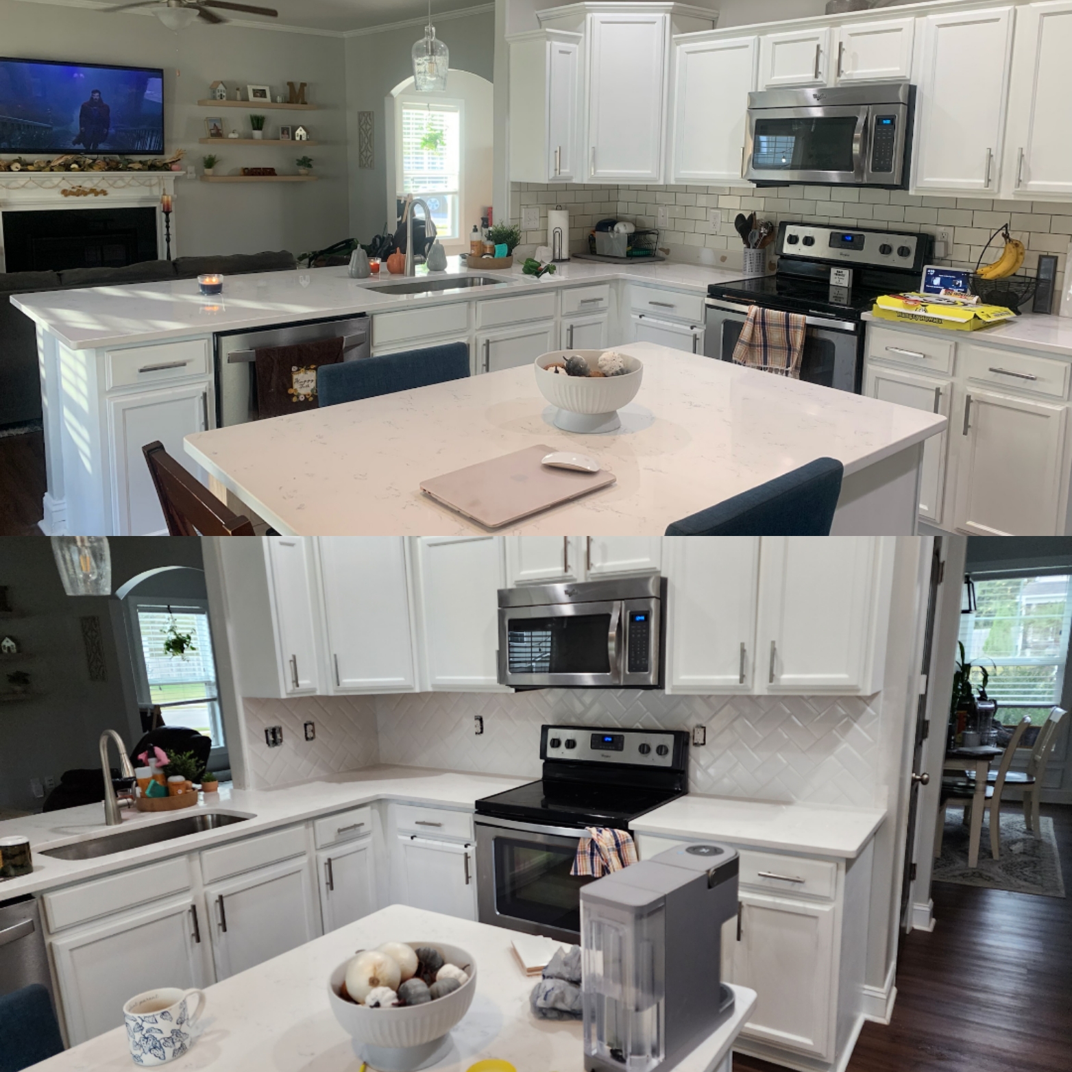 White kitchen renovation with island