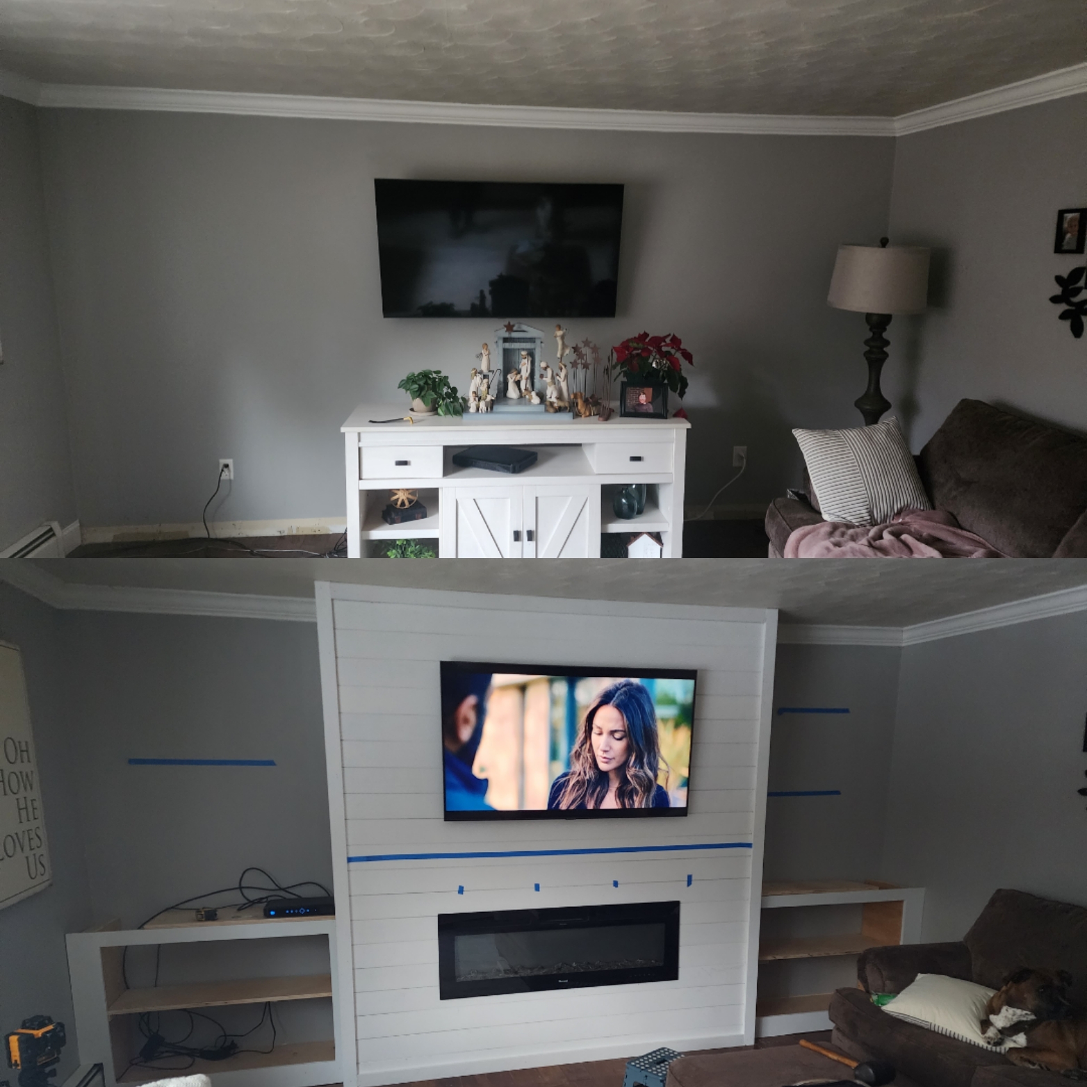 Living room feature wall with fireplace and built-in shelves (progress)